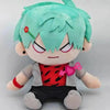 A plush doll of an anime character with teal hair and red eyes wearing a gray jacket and black pants.