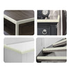 Divers angles montrent les pare-chocs d'angle de table et les protections pour bébé, finis bois foncé et blanc.