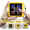 A hand holds a yellow electronic tic tac toe game console with a grid display and accessories.