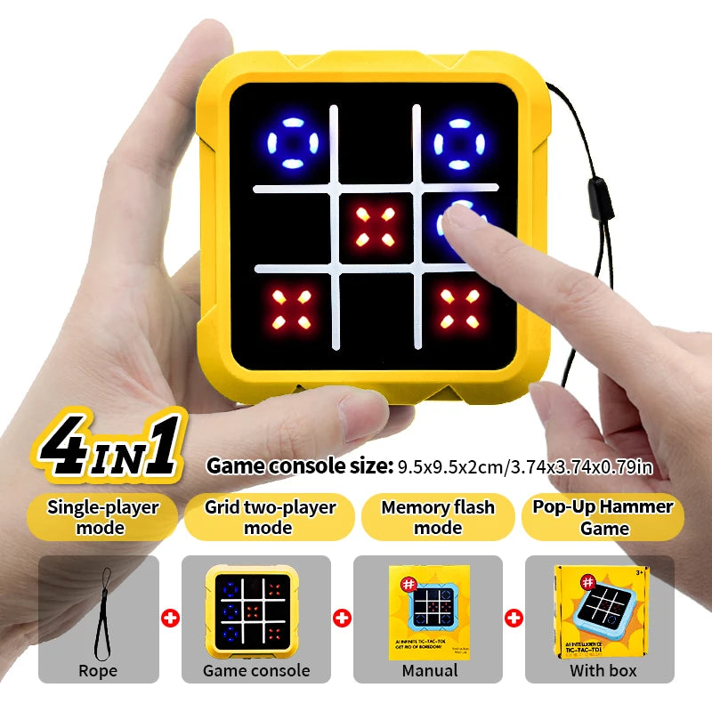 A hand holds a yellow electronic tic tac toe game console with a grid display and accessories.