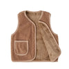 A beige fuzzy lamb wool baby vest with a square pocket.