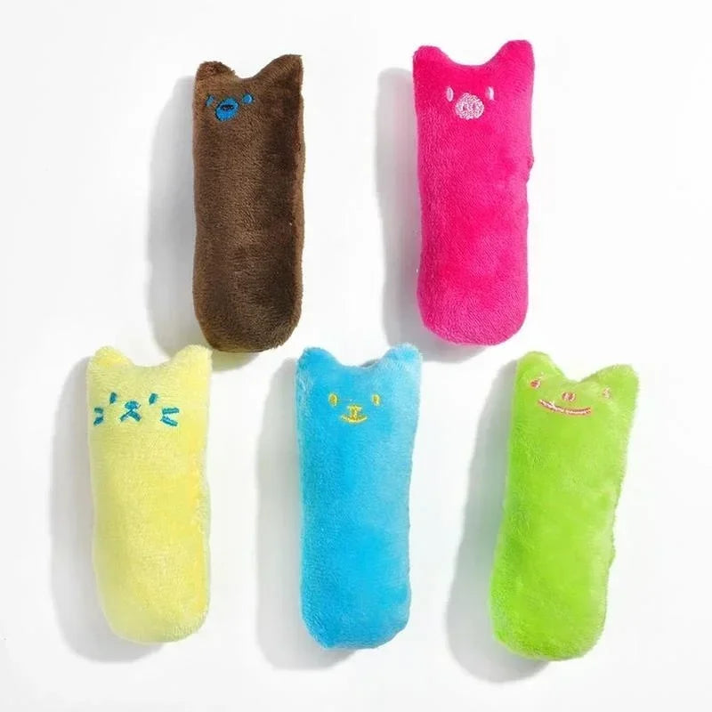 A collection of five colorful catnip plush toys in brown, pink, yellow, blue, and green.
