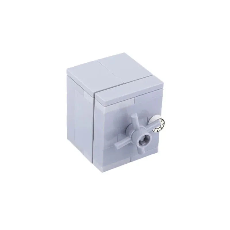 A white building block treasure chest set with a silver coin opening.