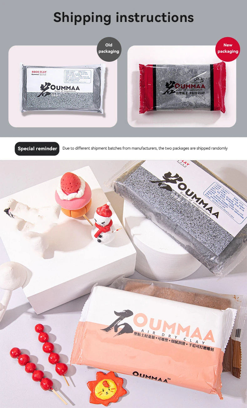 Various packaging and product shots of OUMMAA air dry clay including a red package, loose clay, and modeling tools.