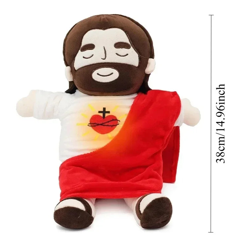 A plush toy depicting a man with a beard and glowing heart symbol on his chest, dressed in white and red fabric.
