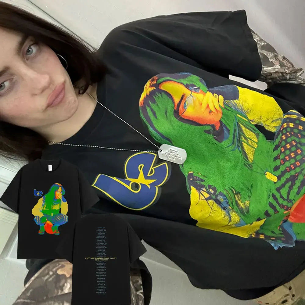 Black t-shirt featuring a graphic design of a bird and the text Hit Me Hard and Soft Tour