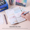 A set of Qimiart erasable gel pens with a cute eggshell design displayed next to a notebook and packaging.