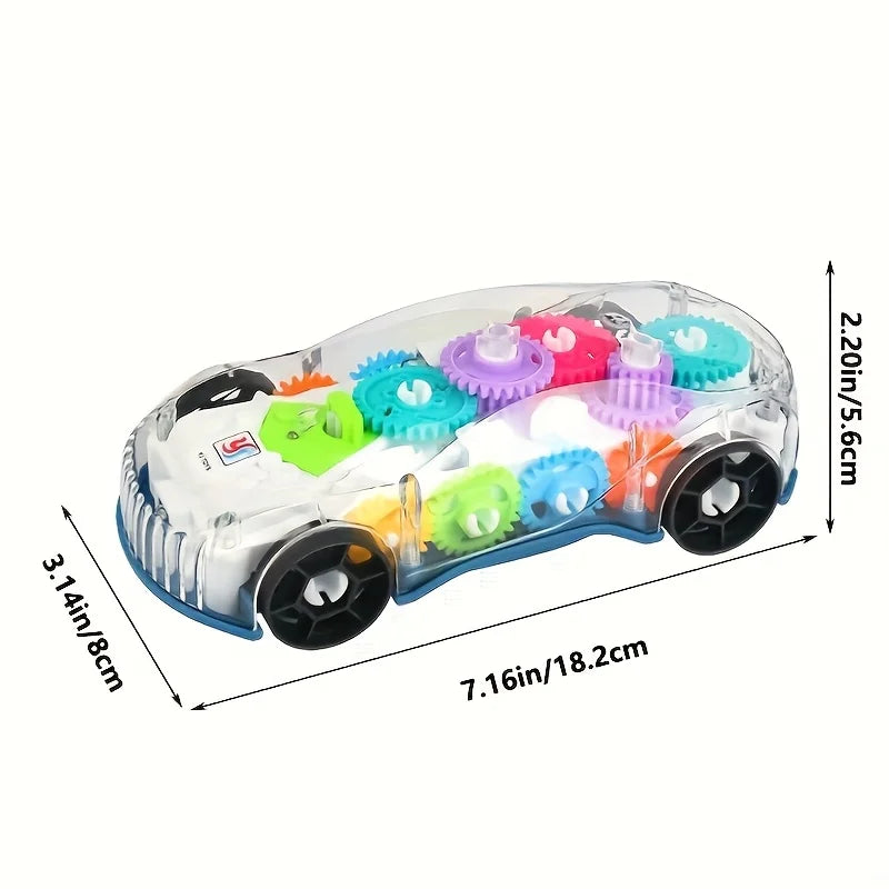 A clear plastic stunt car with rotating components, lights, and music features, shown from the side.