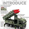 A diecast military missile truck toy featuring up and down buttons for ejection, rotating joystick, and lights.