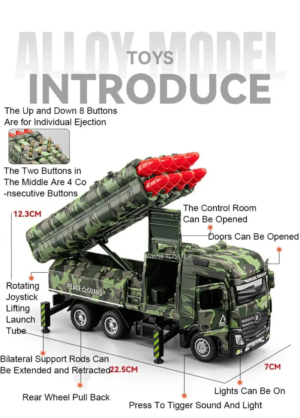 A diecast military missile truck toy featuring up and down buttons for ejection, rotating joystick, and lights.