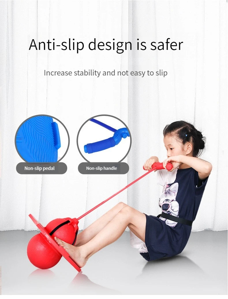 A young girl is using a red frog jump bouncing ball for height training and balance exercise.