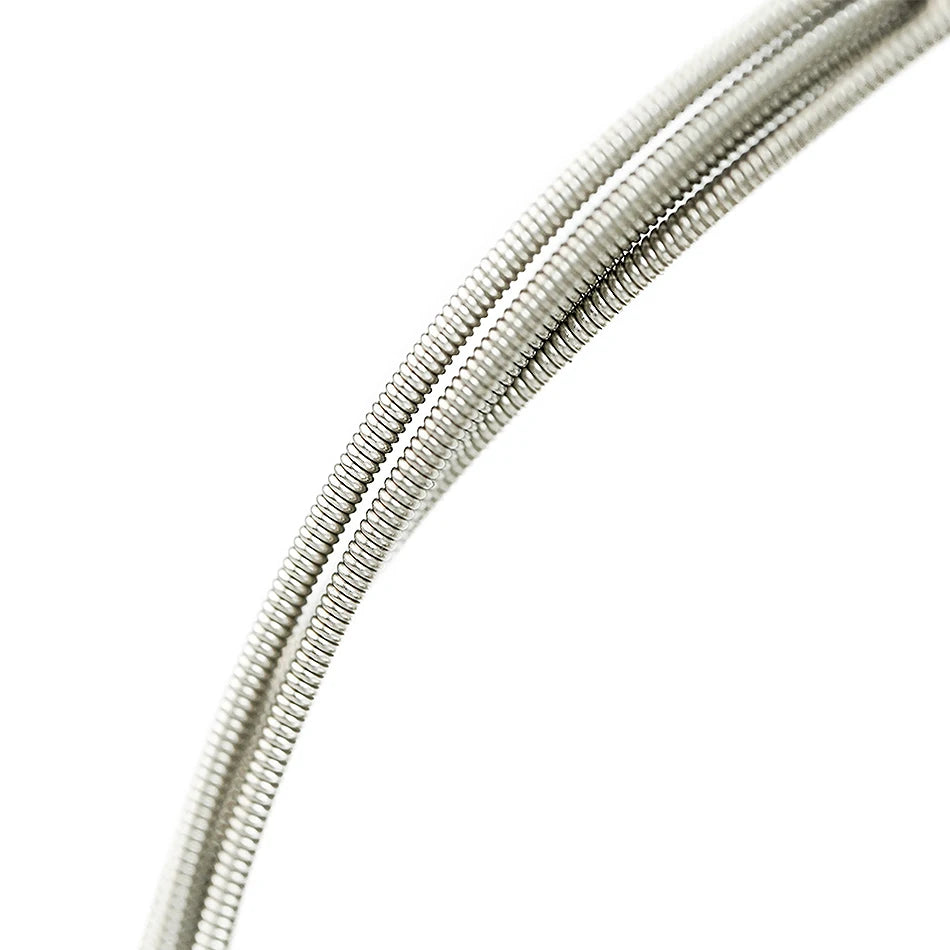 A close-up view of light gauge electric guitar strings.