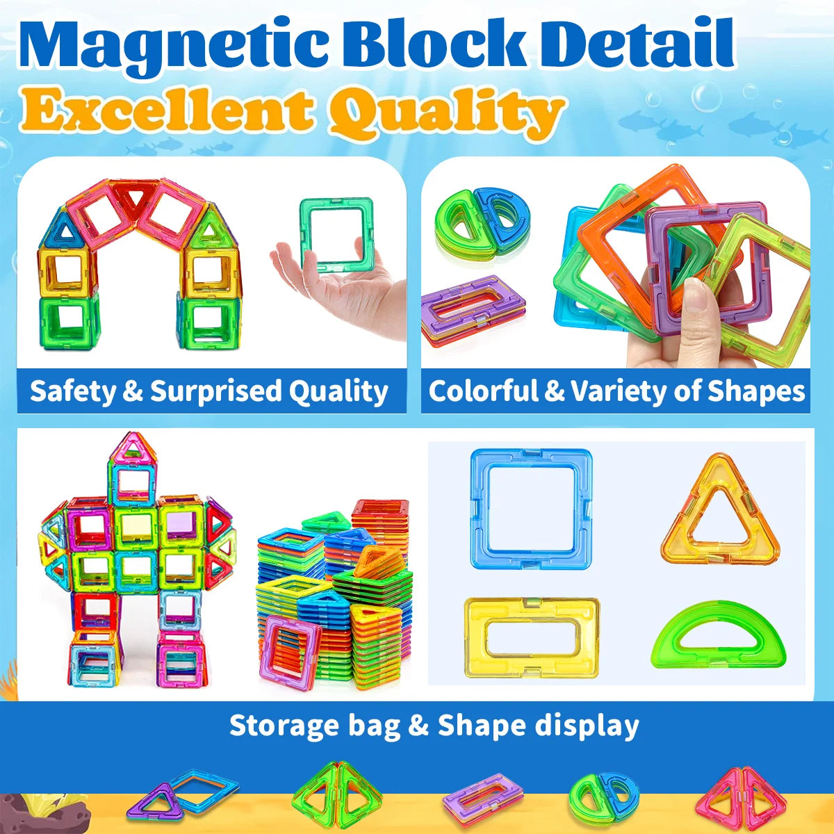 Colorful magnetic block detail set showing various shapes and sizes for construction and display
