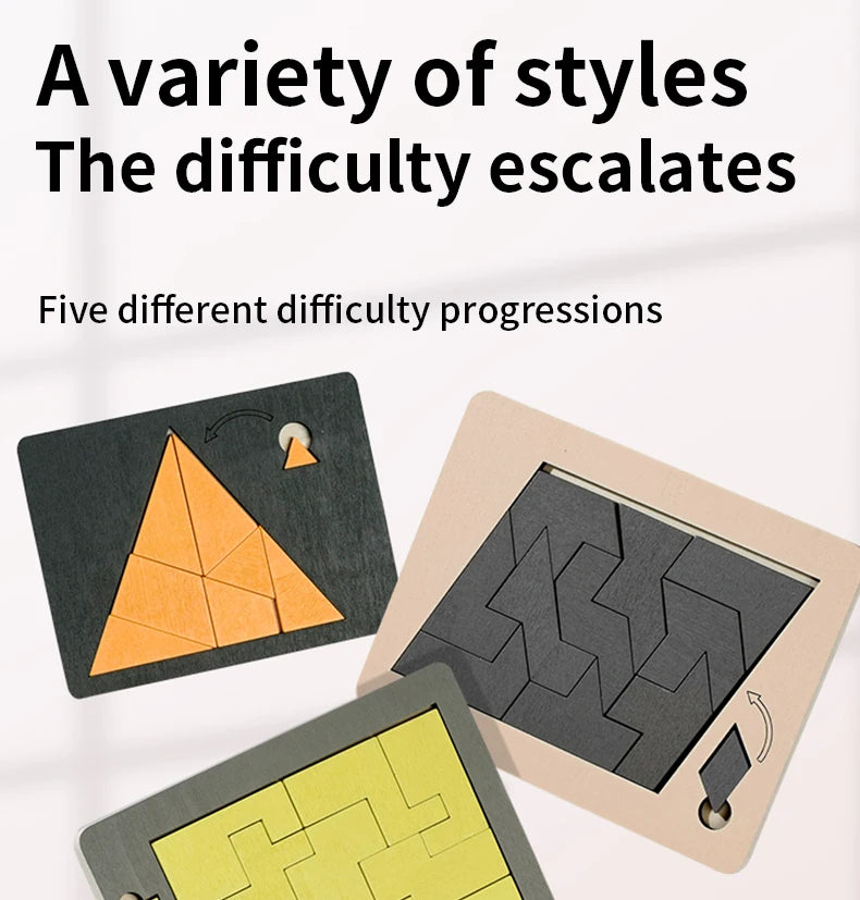 A variety of wooden geometric brain teaser puzzles showing different difficulty progressions.