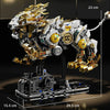 A detailed mechanical model of a dragon-like creature built from metal and plastic parts on a display stand.