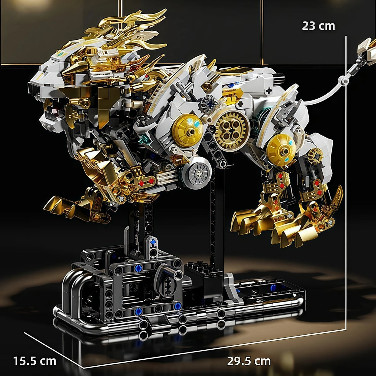 A detailed mechanical model of a dragon-like creature built from metal and plastic parts on a display stand.