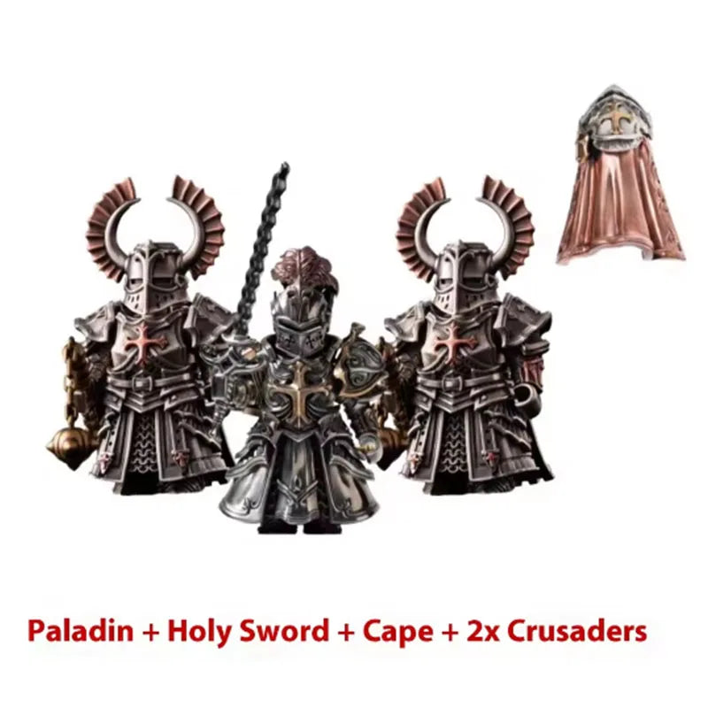 A set of metal figurines featuring a Paladin with a holy sword, cape, and two Crusaders.