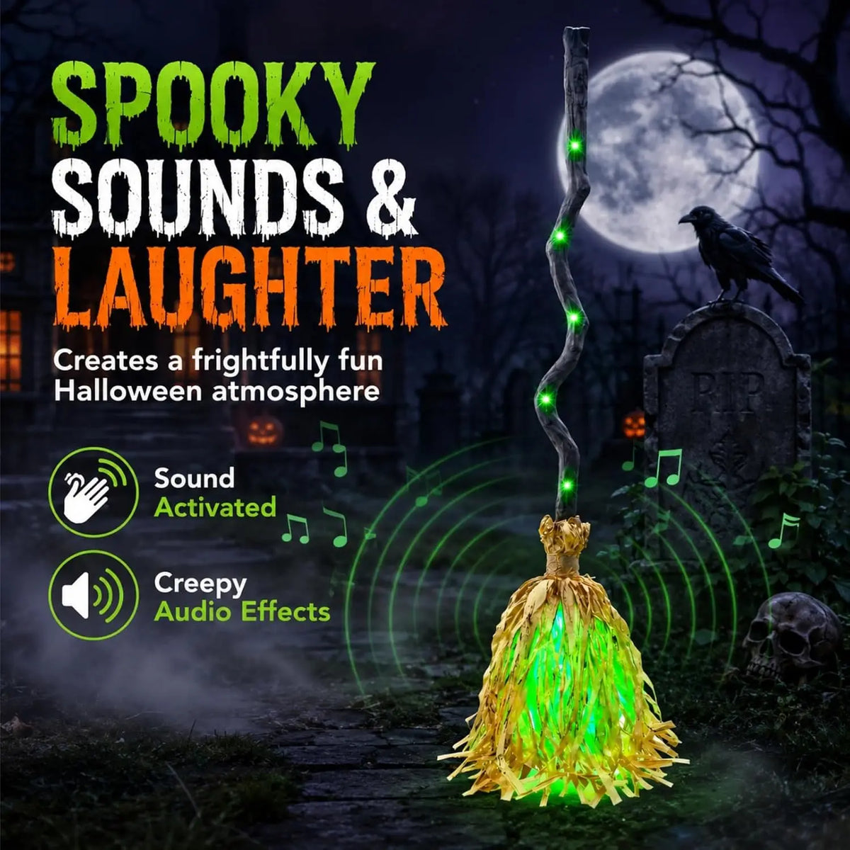 Animated witch broom with sound and green LED glow creating a spooky Halloween atmosphere