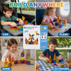 A collection of colorful magnetic tiles is shown in various contexts including a car, plane, home, and outdoors.