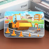 A jigsaw puzzle featuring an orange construction vehicle and a child working with a broom in a field.