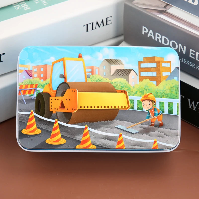 A jigsaw puzzle featuring an orange construction vehicle and a child working with a broom in a field.