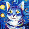 A vibrant painting of a cat's face with bright blue and white fur against a deep blue, swirling background.