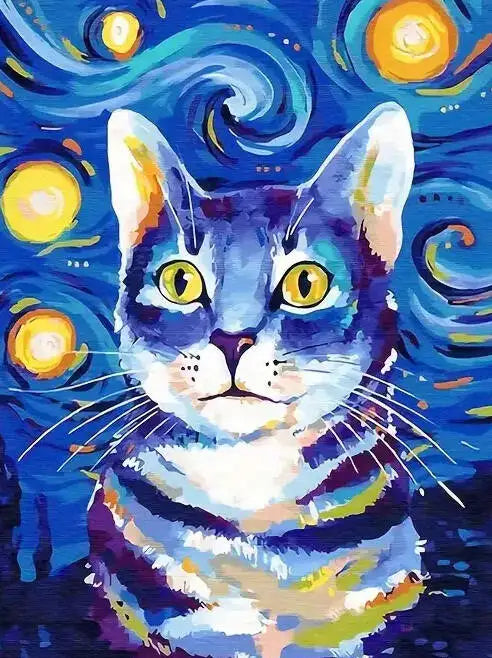 A vibrant painting of a cat's face with bright blue and white fur against a deep blue, swirling background.
