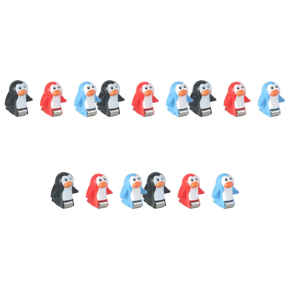 A set of twelve plastic animal racing car climb stairs toys in black, red, and blue colors.