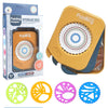 A yellow storage box for a geometric spirograph drawing set with various colored templates.