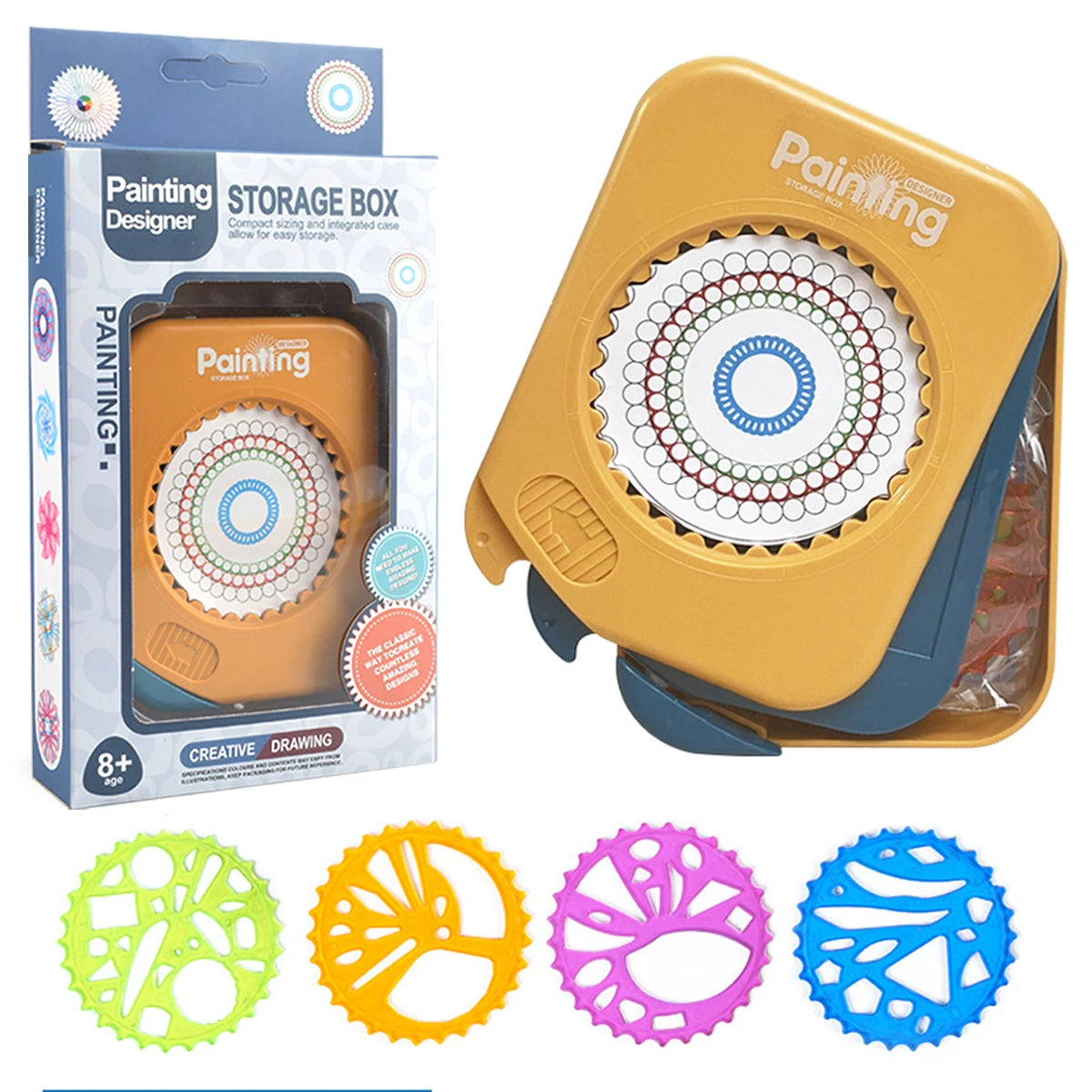 A yellow storage box for a geometric spirograph drawing set with various colored templates.