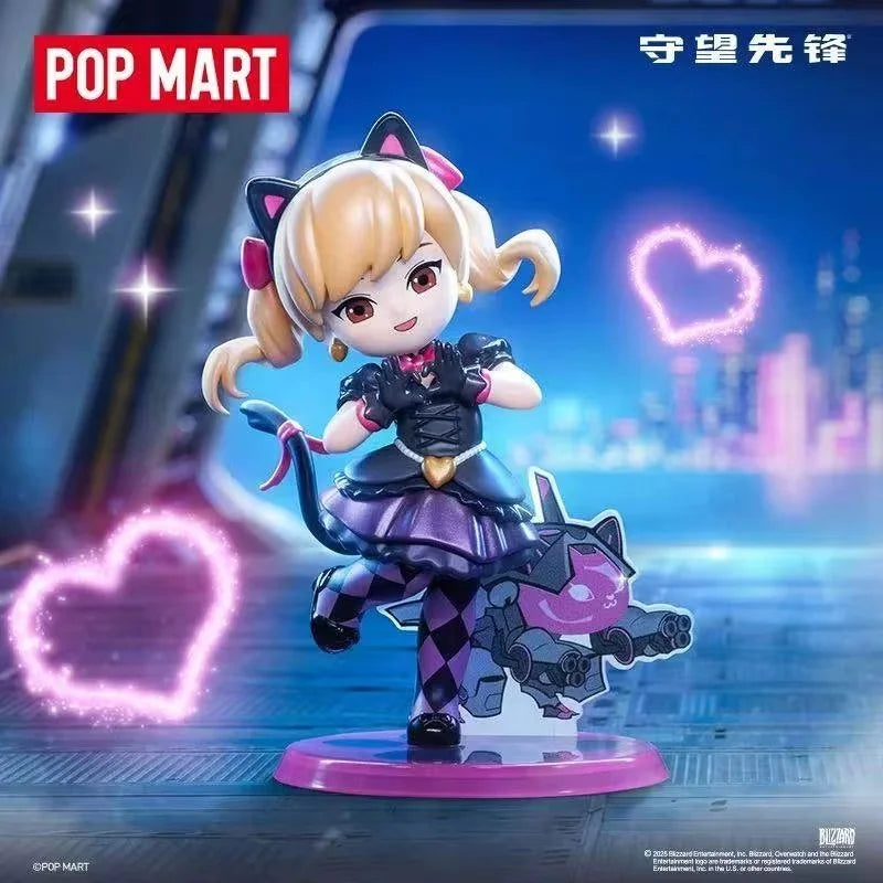 A collectible PVC figurine of a cat-eared character in a dark outfit with purple accents, standing on a pink base.