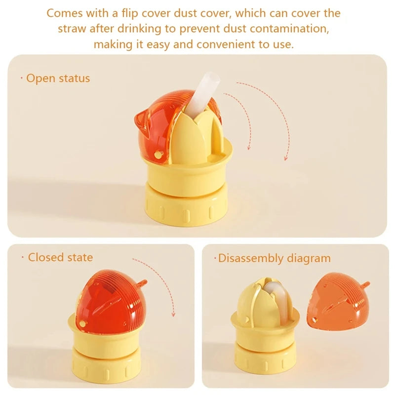 A 2-in-1 anti-choking straw and bottle cap converter shown in open and closed states.