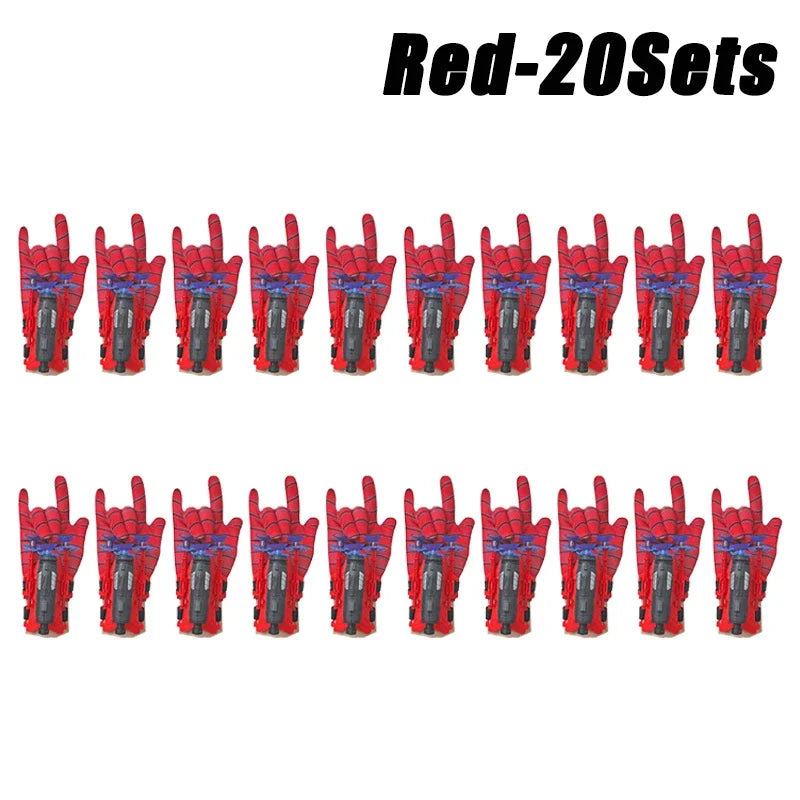 A set of 20 red superhero spider launcher gloves with suction cup projectiles.