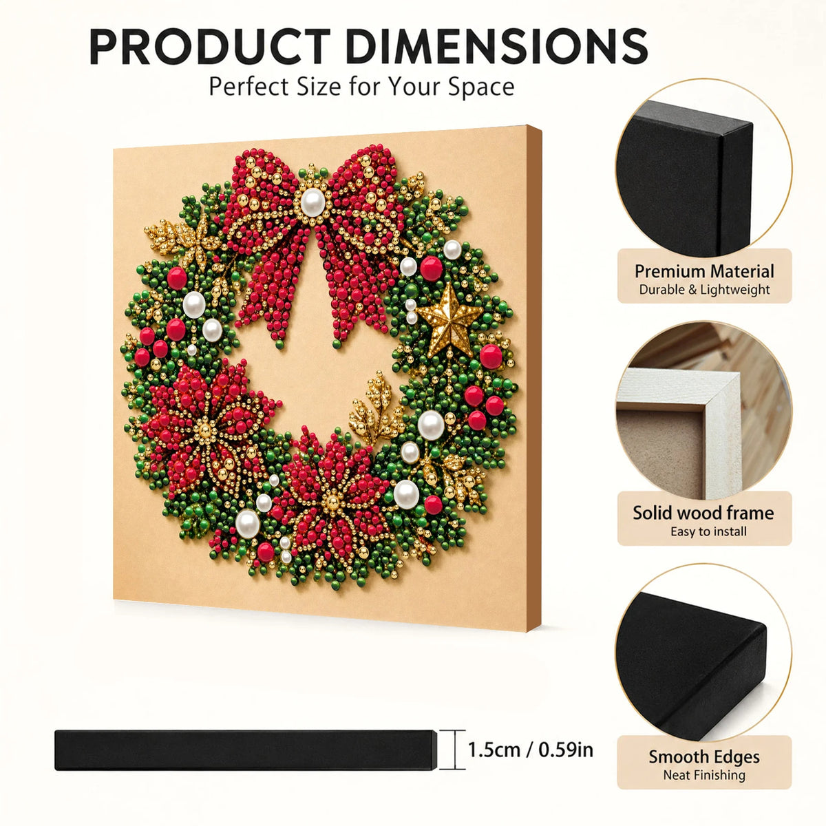 Framed Christmas wreath made of red and green beads and pearls on a canvas board