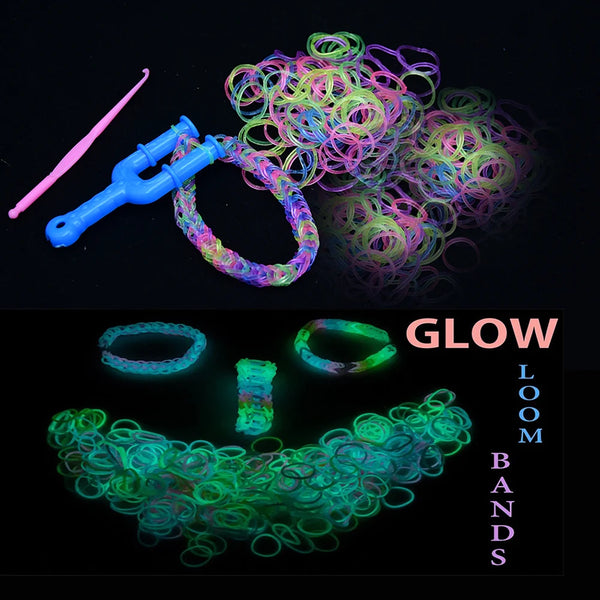 A set of DIY rubber loom bracelets and tools, including a pink needle and blue clamp, displayed against a dark background.
