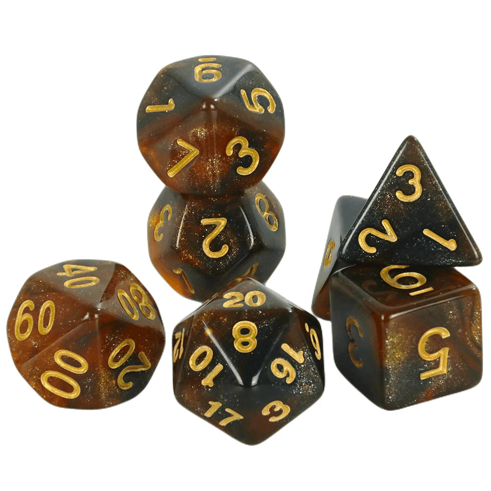 A set of polyhedral dice with a dark, cosmic effect and gold numbering.