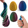 Three views of a textured, golden and purple dragon egg fidget spinner for stress relief