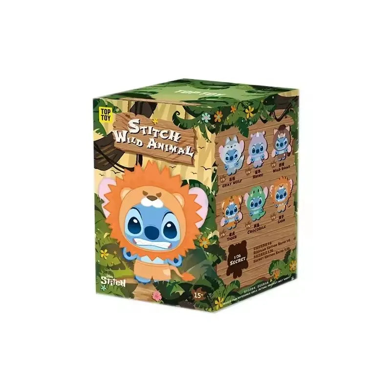 A box for the Stitch Wild Animal series plush blind box collectible pendant featuring various animal characters.