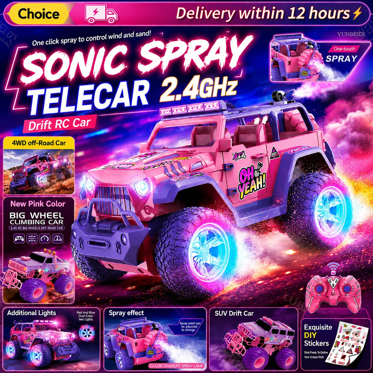 Pink Remote Control Drift Car with Lights and Sound Effects
