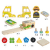 Wooden pretend play tool set with wrench, screwdriver, and building pieces in various colors