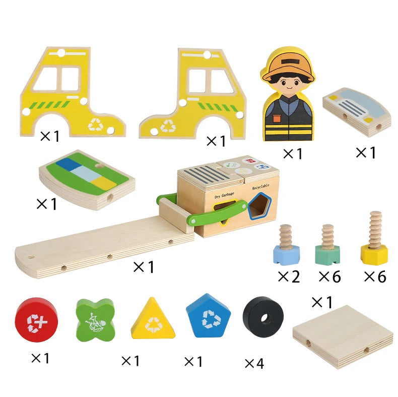 Wooden pretend play tool set with wrench, screwdriver, and building pieces in various colors