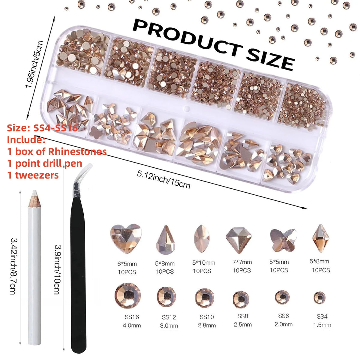 A clear plastic kit containing various sized rhinestones, glass gems, and a point drill pen and tweezers for nail art.