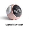 A pink and black digital alarm clock with a rounded design displaying 06:30.