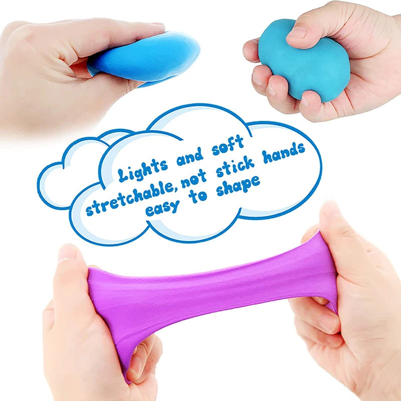 Hands hold three pieces of colorful air-dry modeling clay, including blue, teal, and purple, demonstrating its stretchable an