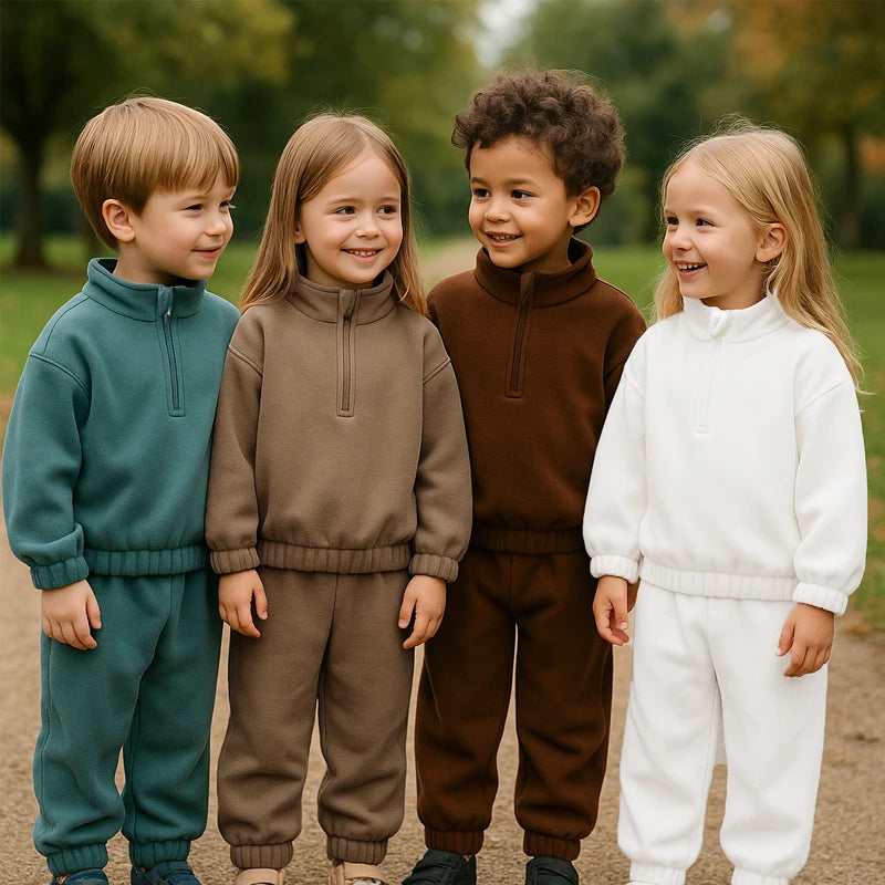 Four children wearing matching olive green and brown fleece hooded tracksuit sets outdoors