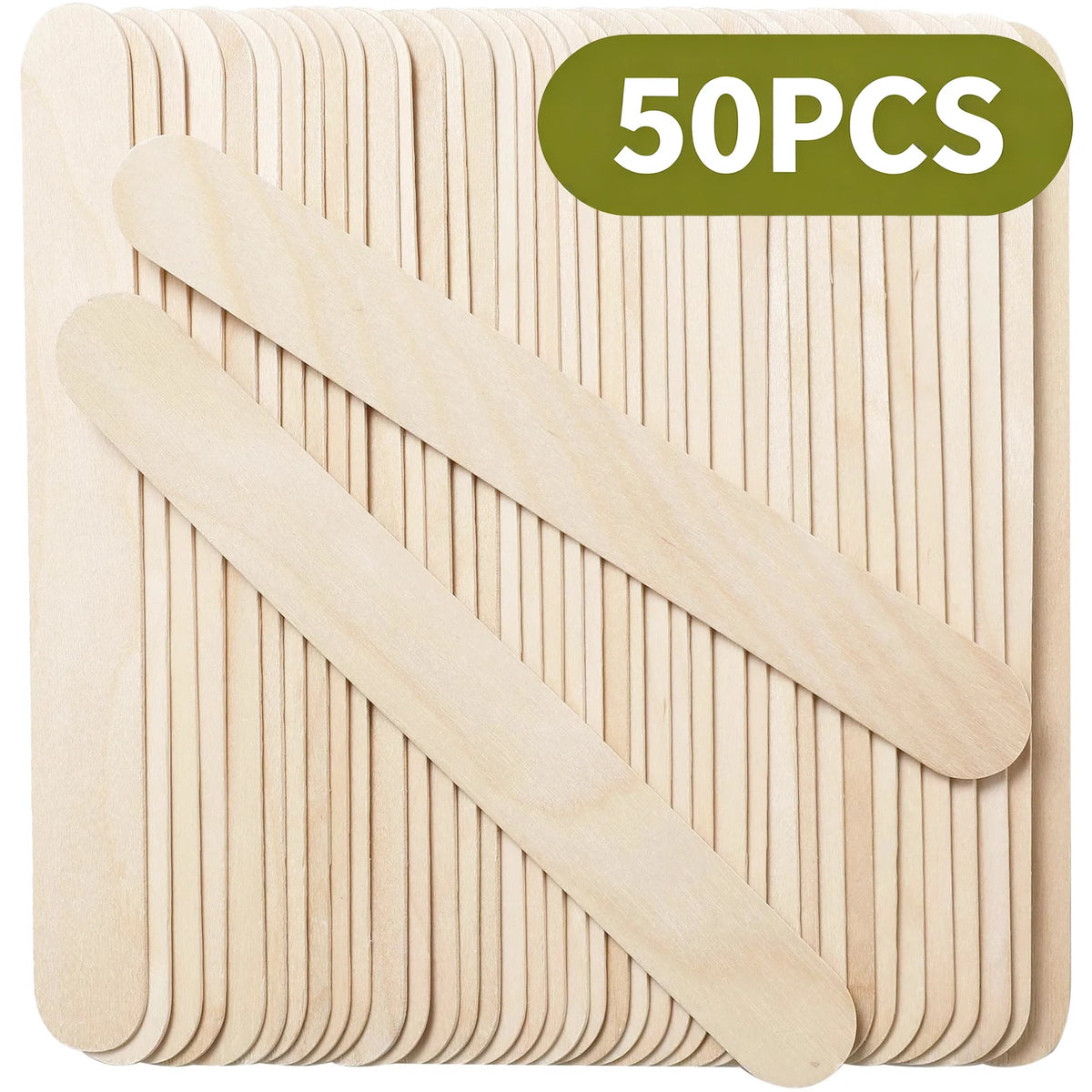 A pack of 50 wooden stir sticks for craft mixing and epoxy resin, shown in a square container.