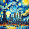 A vibrant oil painting depicting a cityscape skyline reflected in rippling water under a swirling, colorful night sky.
