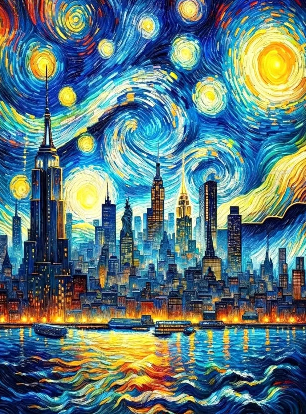 A vibrant oil painting depicting a cityscape skyline reflected in rippling water under a swirling, colorful night sky.