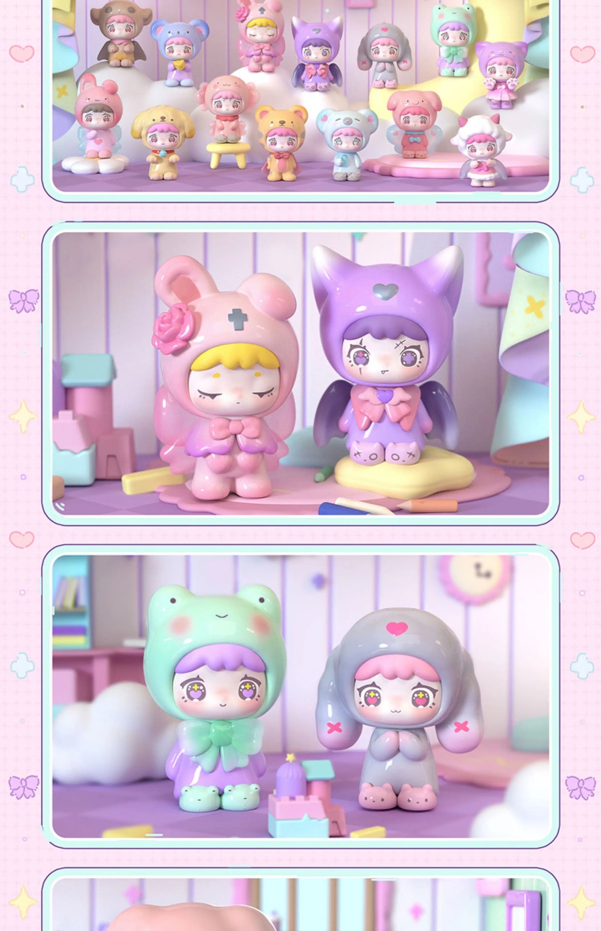 A collection of QUBII Autumn Animal figures in various colors and poses displayed on a shelf.