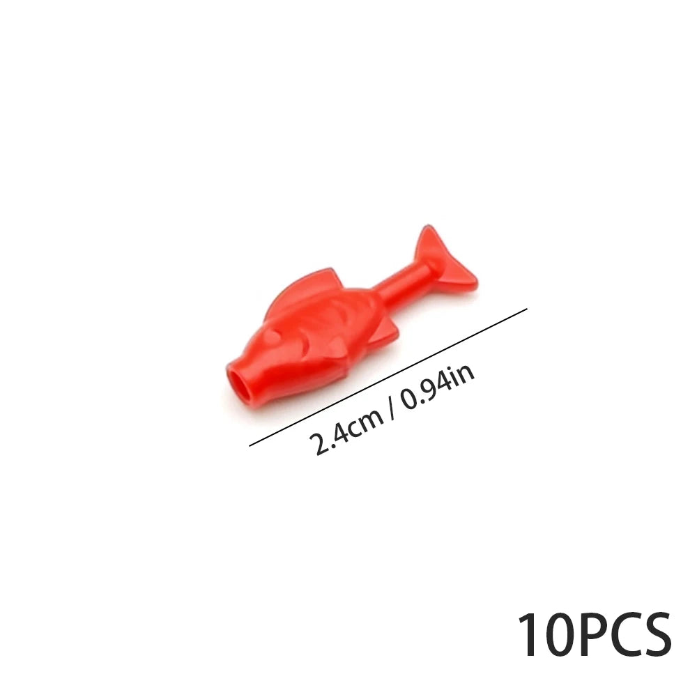 A red plastic marine creature building block, measuring 2.4cm long.